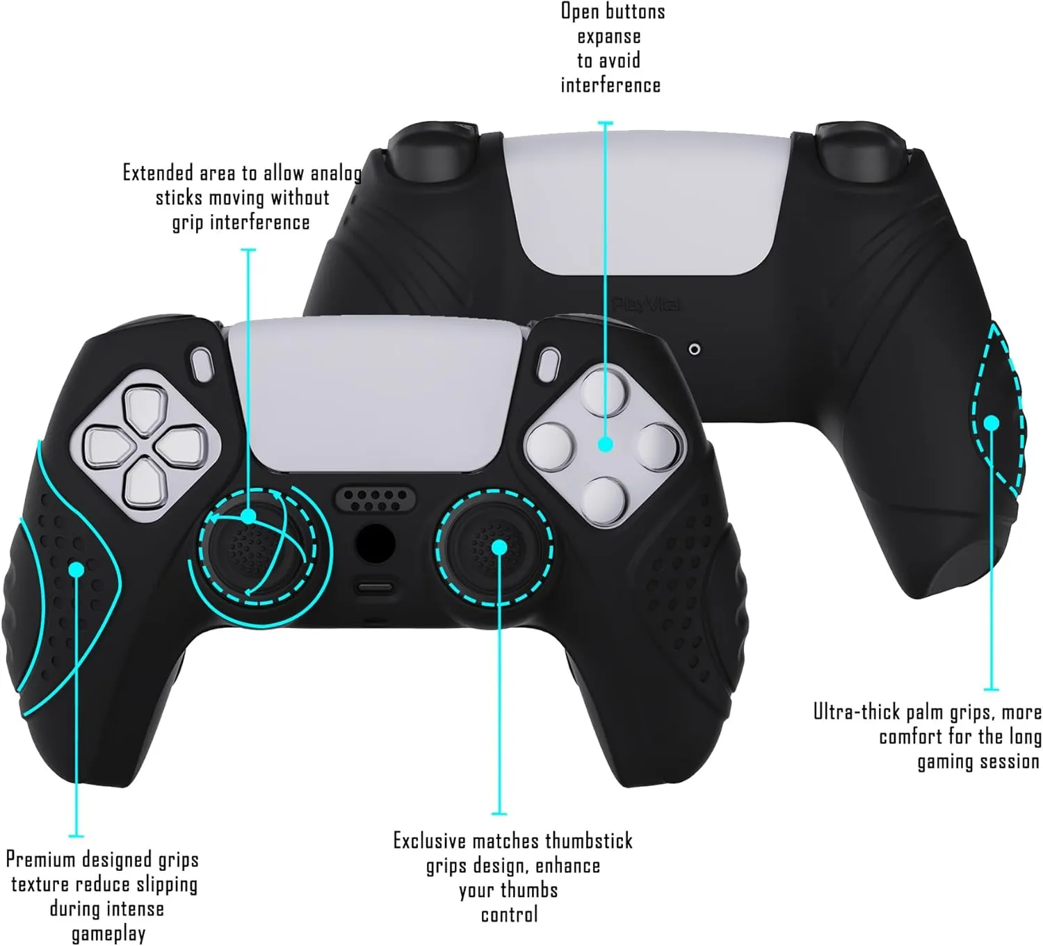 eXtremeRate PlayVital Guardian Edition Black Ergonomic Soft Anti-Slip Controller Silicone Case Cover for ps5, Rubber Protector Skins with Black Joystick Caps for ps5 Controller