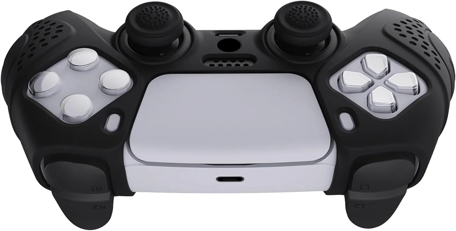 eXtremeRate PlayVital Guardian Edition Black Ergonomic Soft Anti-Slip Controller Silicone Case Cover for ps5, Rubber Protector Skins with Black Joystick Caps for ps5 Controller