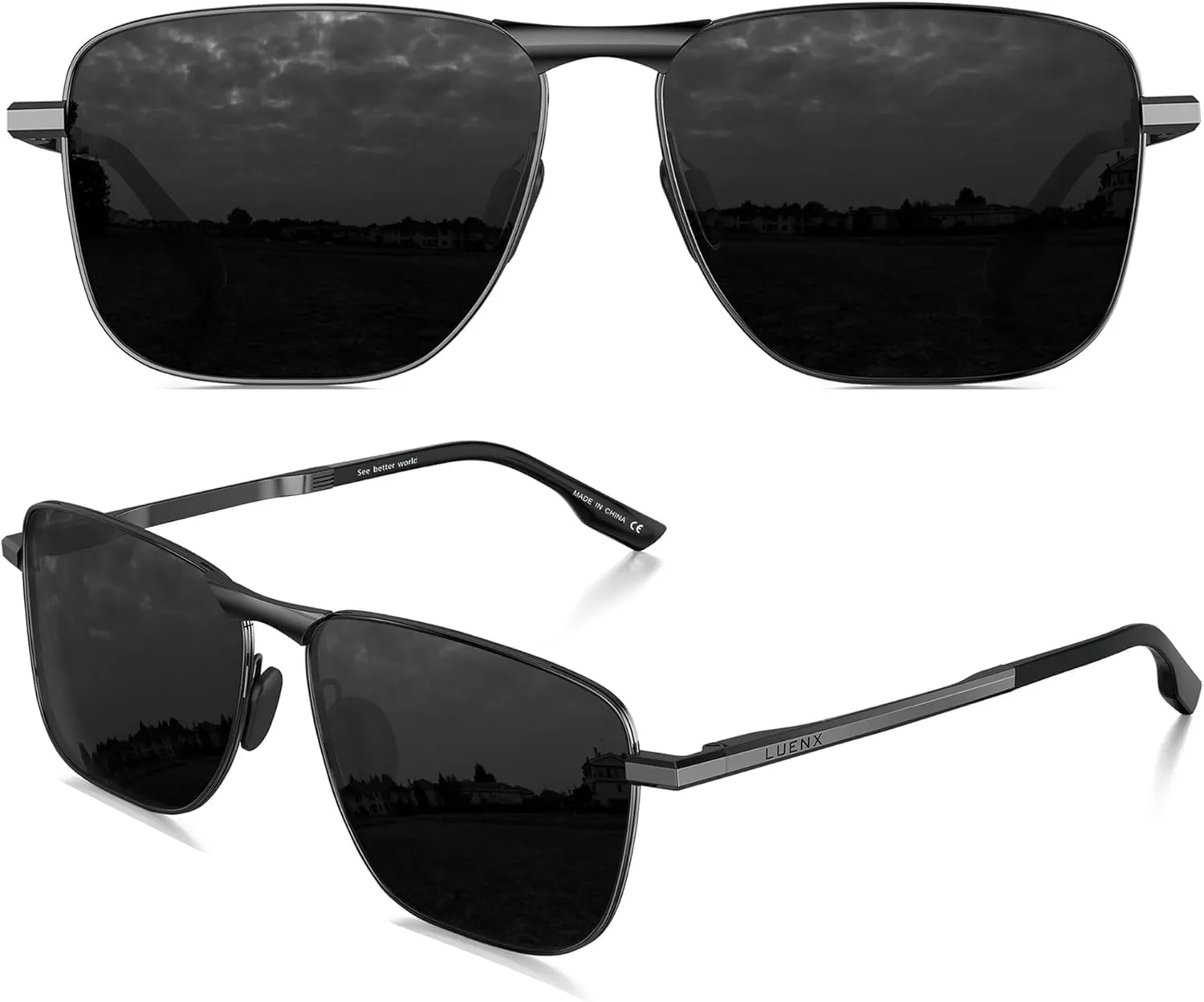 LUENX Rectangular Polarized Aviator Sunglasses for Men Retro Pilot Shades Driving UV400 Protection