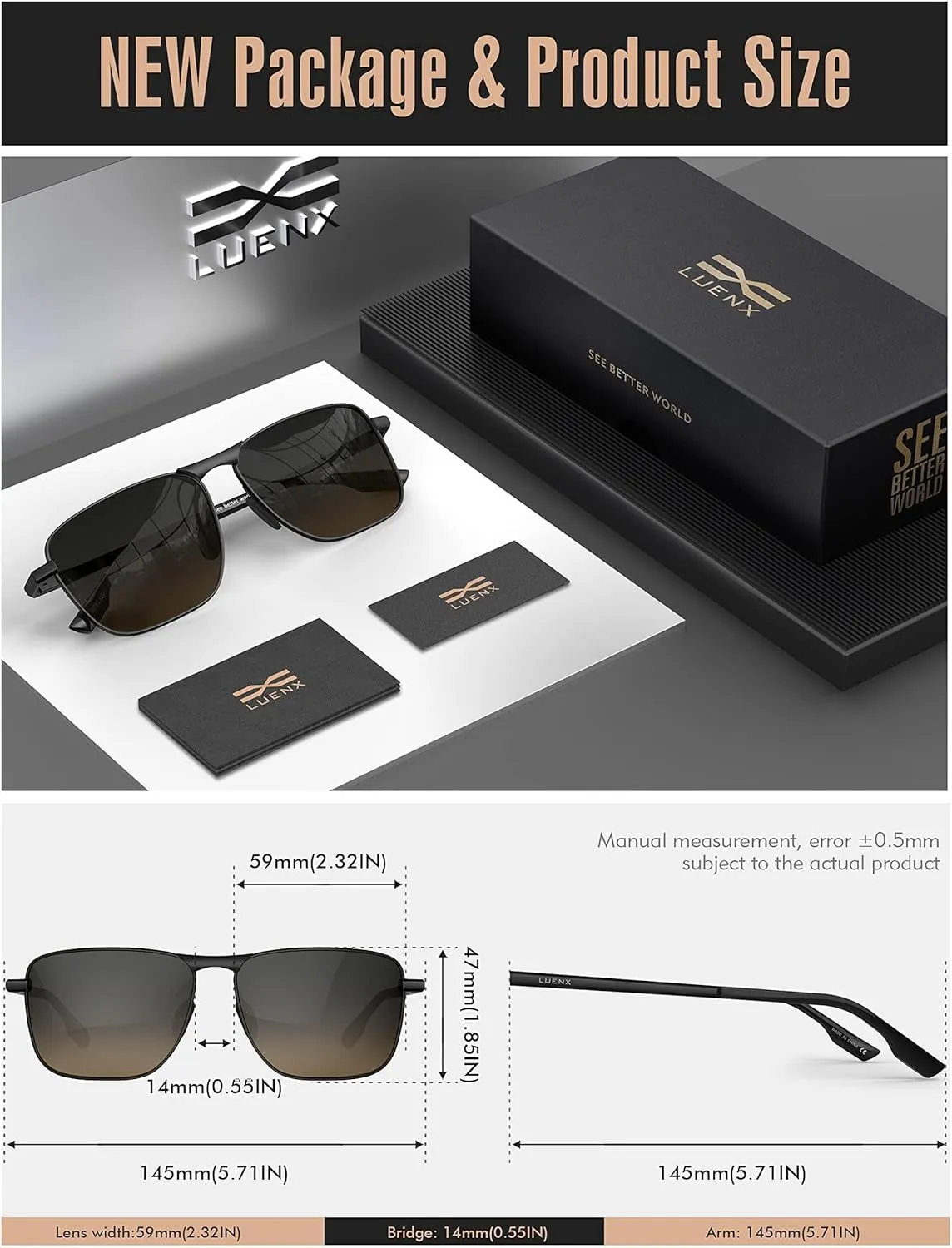 LUENX Rectangular Polarized Aviator Sunglasses for Men Retro Pilot Shades Driving UV400 Protection