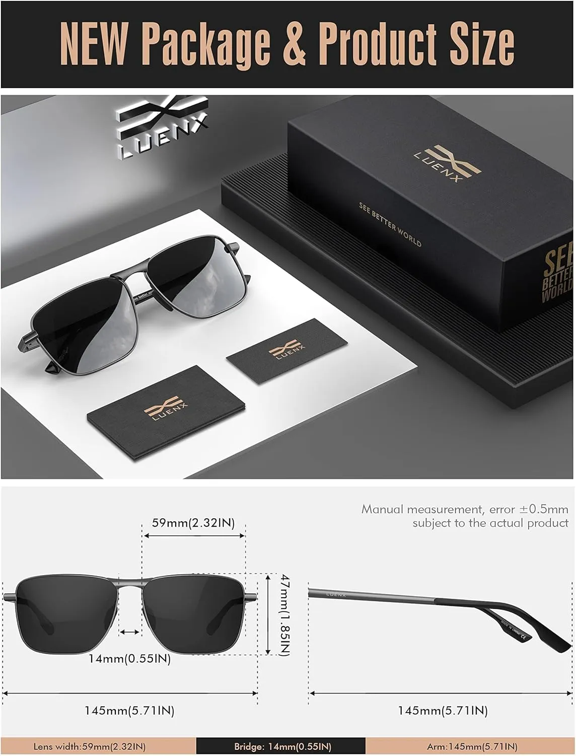 LUENX Rectangular Polarized Aviator Sunglasses for Men Retro Pilot Shades Driving UV400 Protection