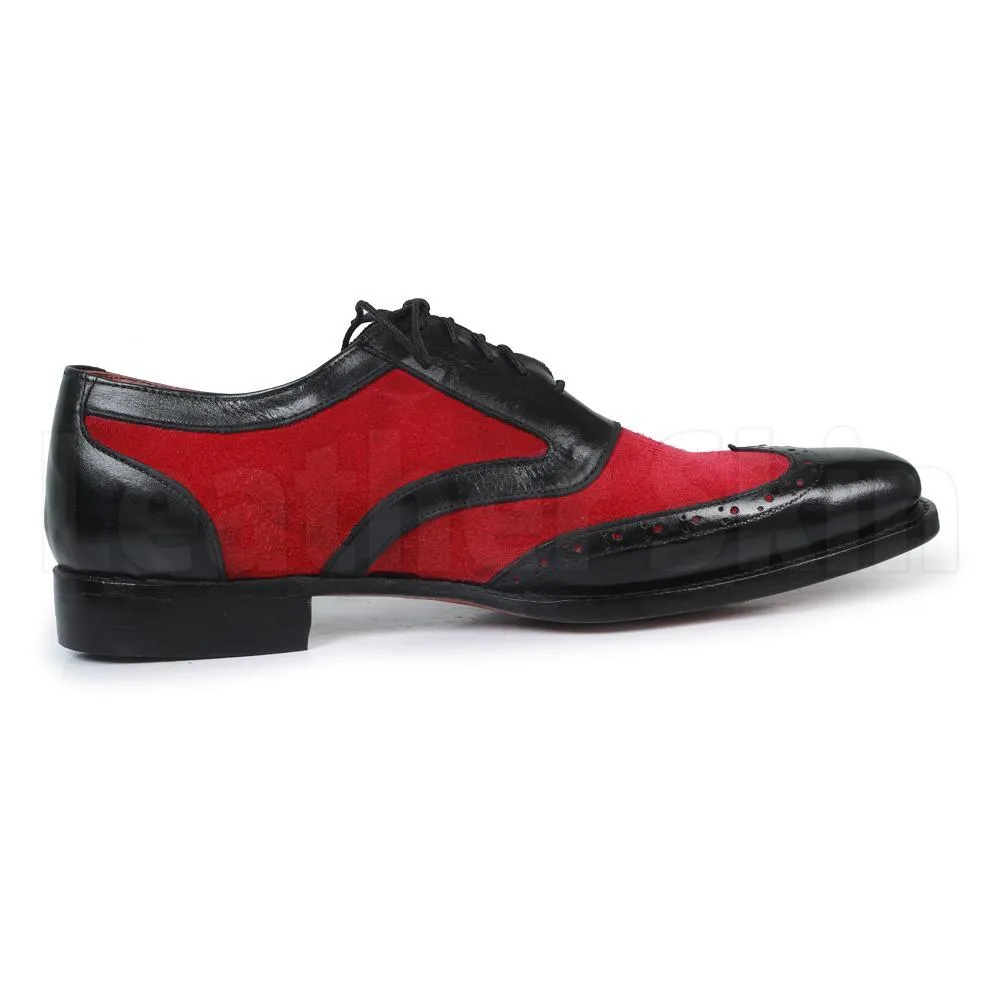 Men Black Red Oxford Brogue Wingtip Suede & Genuine Leather Shoes