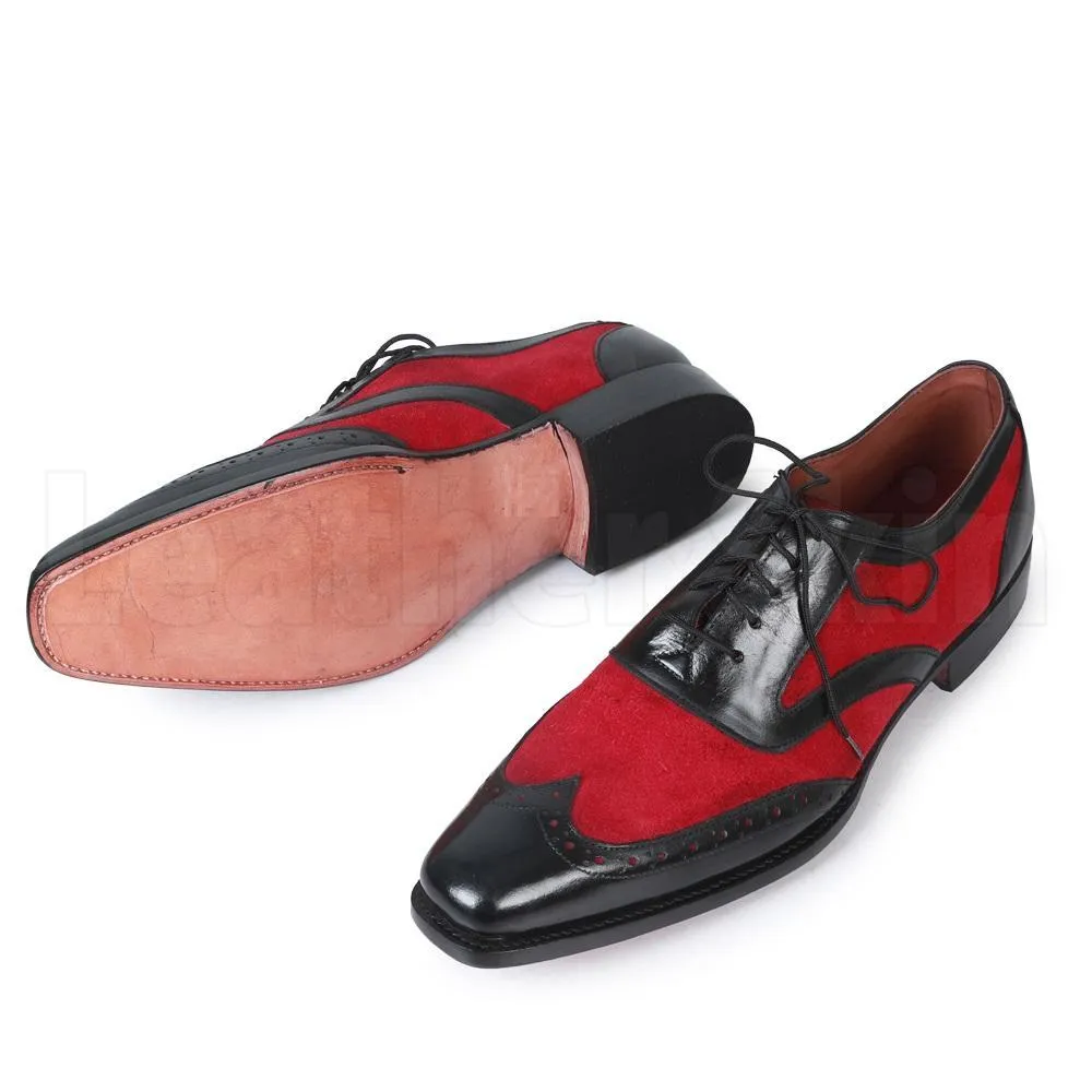 Men Black Red Oxford Brogue Wingtip Suede & Genuine Leather Shoes