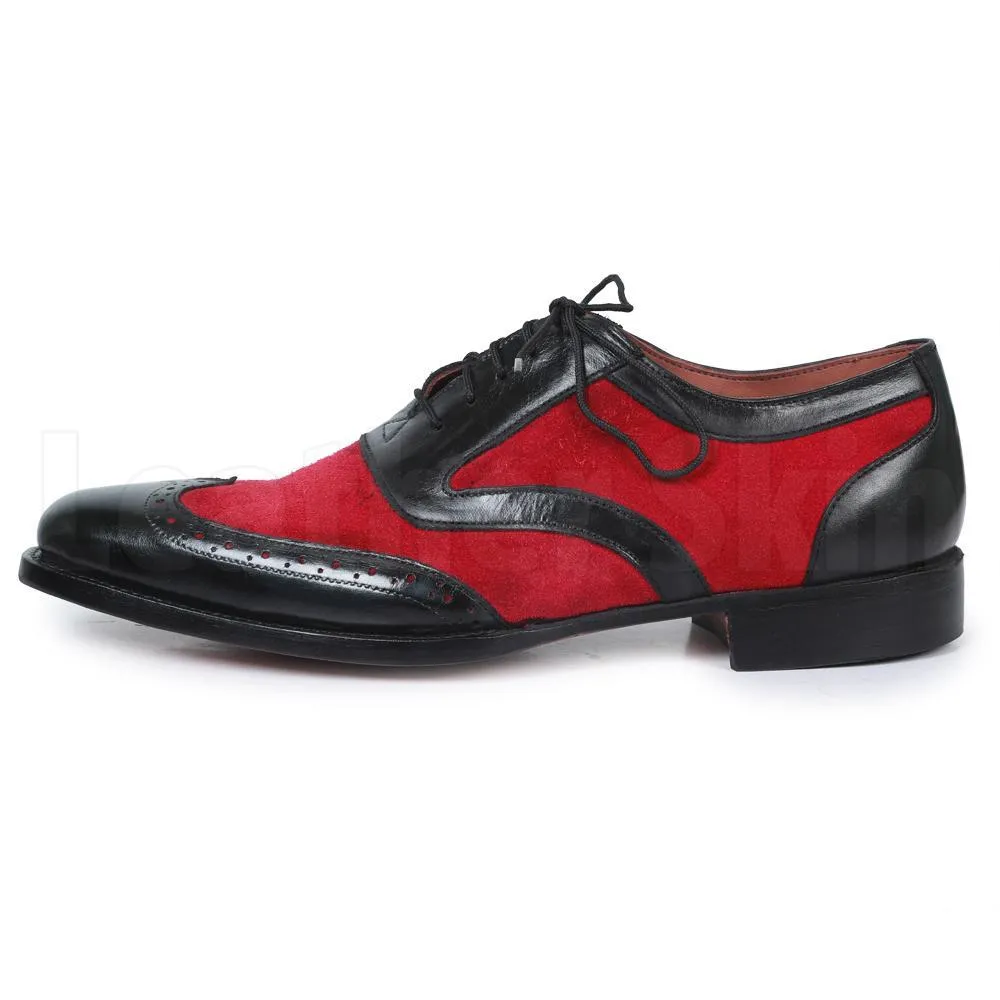Men Black Red Oxford Brogue Wingtip Suede & Genuine Leather Shoes
