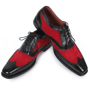 Men Black Red Oxford Brogue Wingtip Suede & Genuine Leather Shoes
