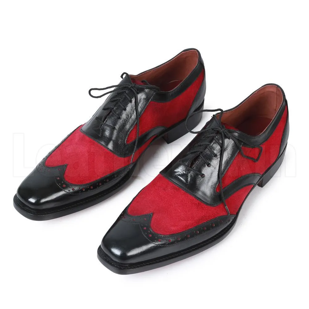 Men Black Red Oxford Brogue Wingtip Suede & Genuine Leather Shoes