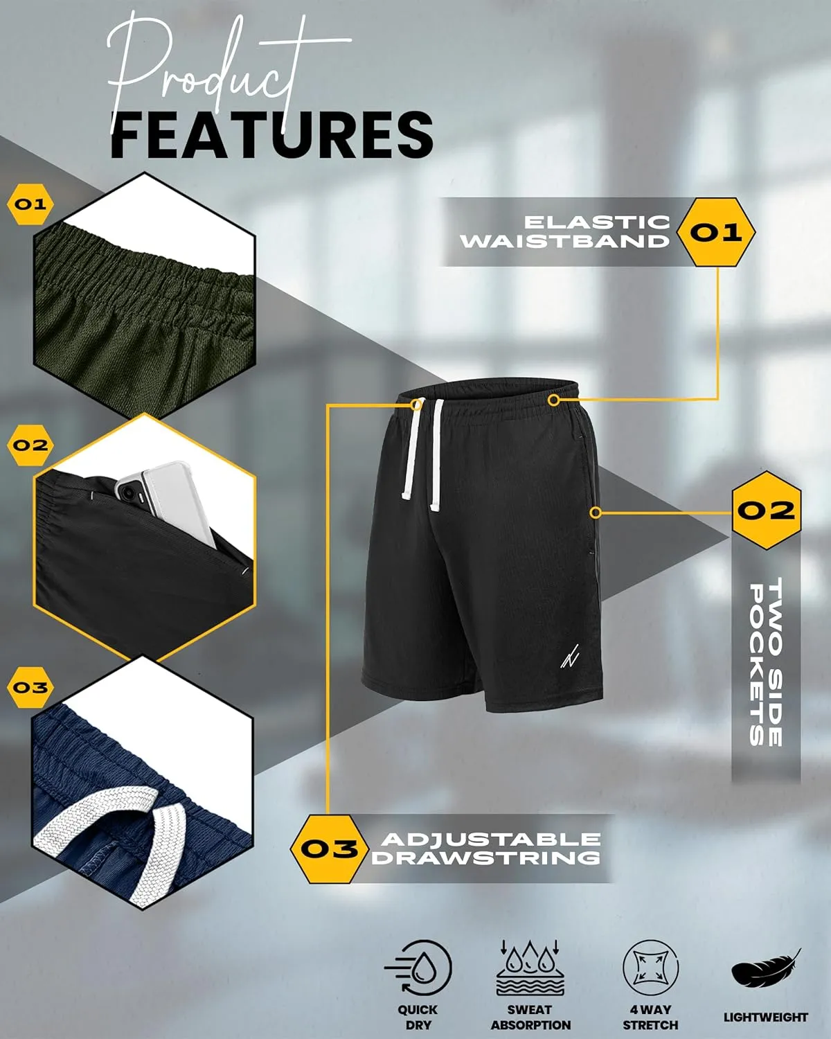 NY Threads 3 Pack Men's Athletic Shorts Quick Dry Lightweight Workout Running Gym Shorts with Pockets