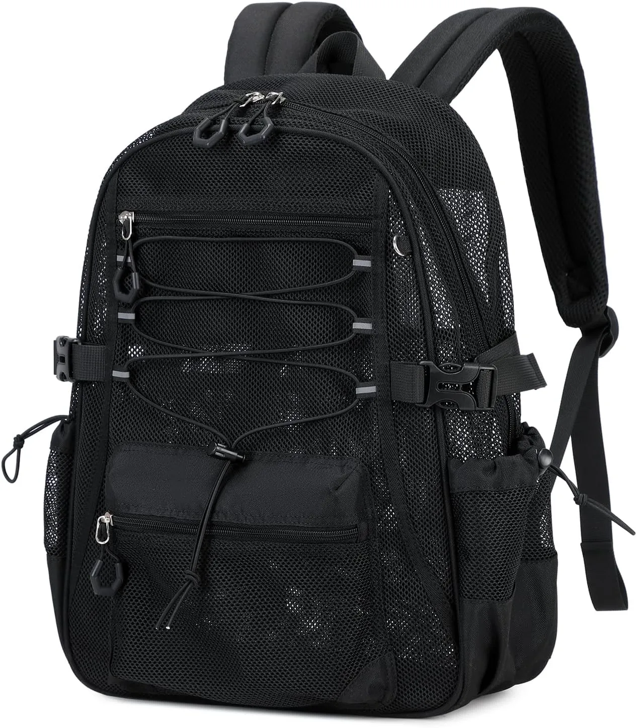 See Through Mesh Backpack for School, Heavy Duty Net Bookbag with Elastic Rope & 3D Padded Straps, Breathable Backpacks for Beach, Swimming, Sports, Black